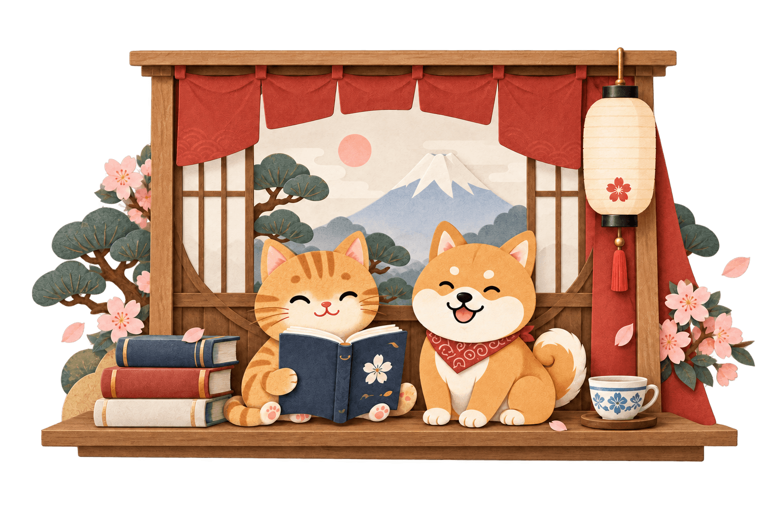 橘色虎斑猫和柴犬在日式木质纸剧场中一起看书,背景有富士山与樱花